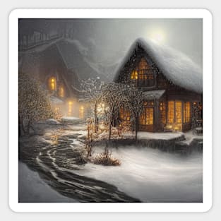 Magical Fantasy House with Lights in a Snowy Scene, Fantasy Cottagecore artwork Magnet